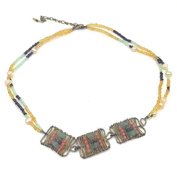 Boho Natural Pearls,  Glass Beads & Wire Wrapped Accent Necklace - Picture 3 of 8